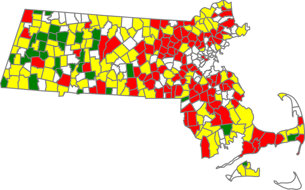Map of 261 cities and towns that the state has tested for PFAS. Green indicates 0 parts per trillion, yellow indicates less than 20.5 ppt, red indicates greater than 20.5 ppt. (Courtesy Massachusetts Sierra Club)